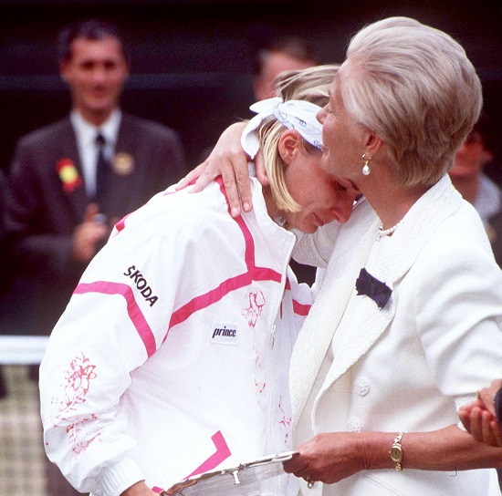 Jana Novotna is comforted by the Duchess of Kent