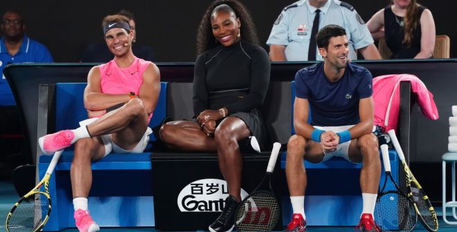 Rafael Nadal, Serena Williams et Novak Djokovic, lors d'une exhibition en ouverture de l'Open d'Australie 2020
