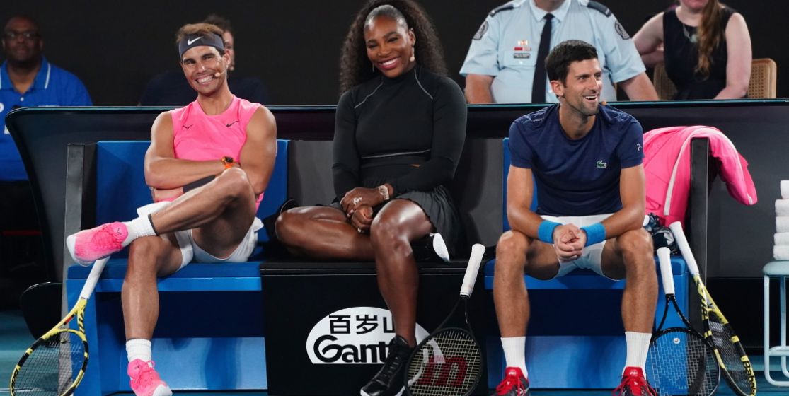 Rafael Nadal, Serena Williams et Novak Djokovic, lors d'une exhibition en ouverture de l'Open d'Australie 2020