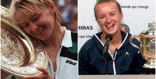 Jana Novotna and Barbora Krejcikova with their major trophies